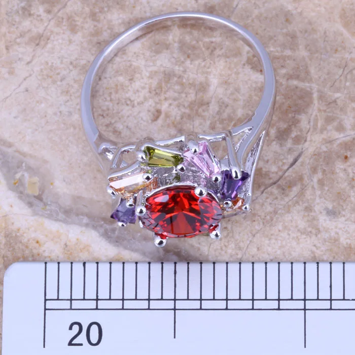 Блестящее женское кольцо с разноцветным гранатом и серебряным покрытием Размер 6