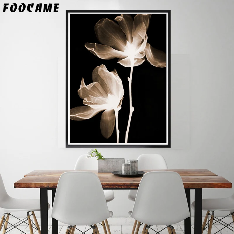 FOOCAME Black Background Flower Minimalism Posters and Prints Art Canvas Painting Home Decor Wall Pictures For Living Room | Дом и сад