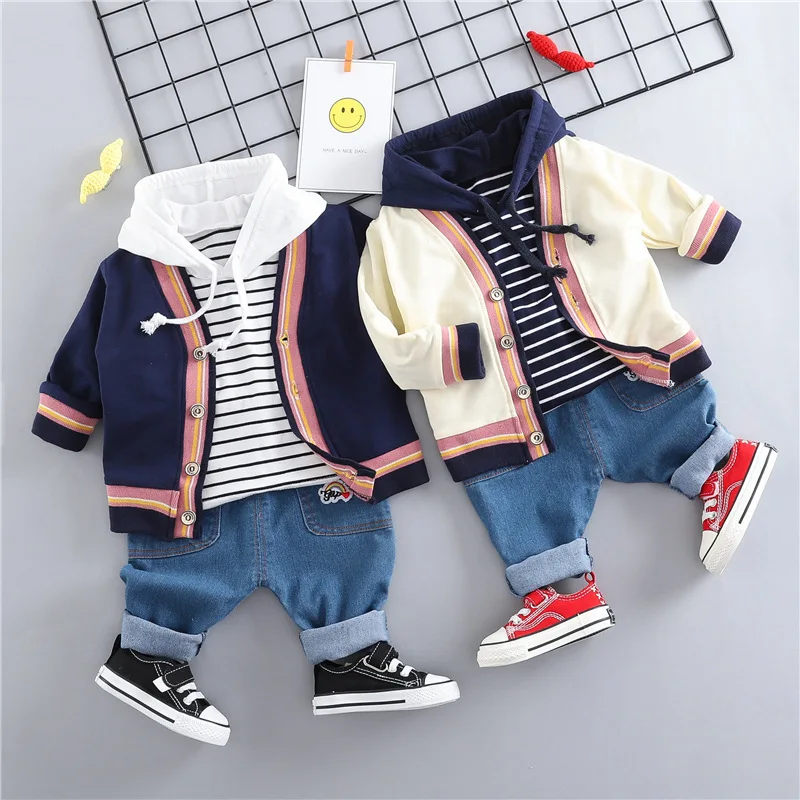 Toddler Boys Spring Autumn Clothing Set Fashion Cotton Striped Hooded Long Sleeve T-shirt+warm Coat+denim Pants 3pcs