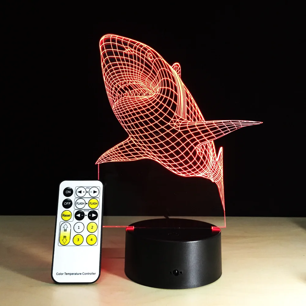 

White Shark 3D Touch Or Remote LED Night Light Touch Table Desk Lamp 7 Color Change USB LED Charger Gift Multifunction Card