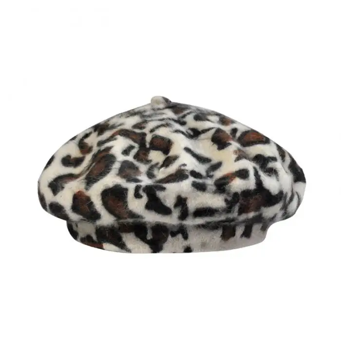 Women Winter Beret Hat Leopard Pattern Warm Bannie Cap for Outdoor FDC99