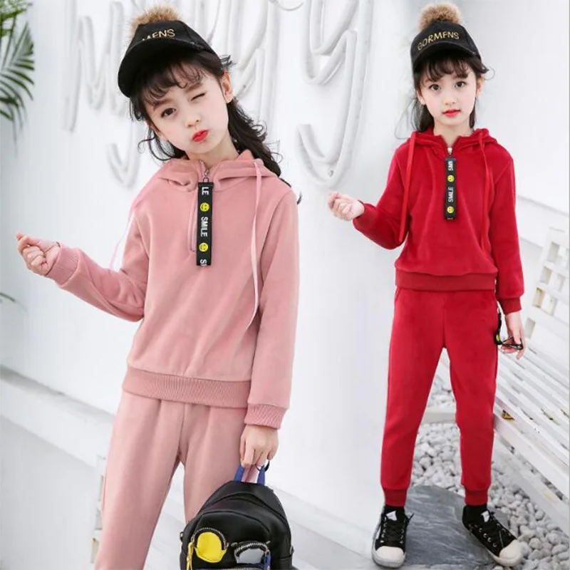 

Korean version new children's clothing winter baby girl sport Gold velvet hoodies coat + pants sets kids clothes two piece 6-16y