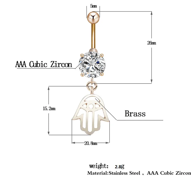 Kinitial Циркон живота пирсинг кольцо Мода хамса руки болтались сексуальные
