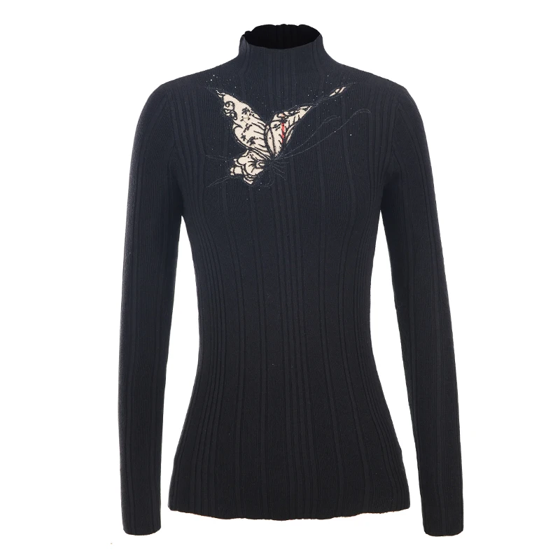 Женский трикотажный пуловер с высоким воротником и вышивкой в виде бабочки 5563