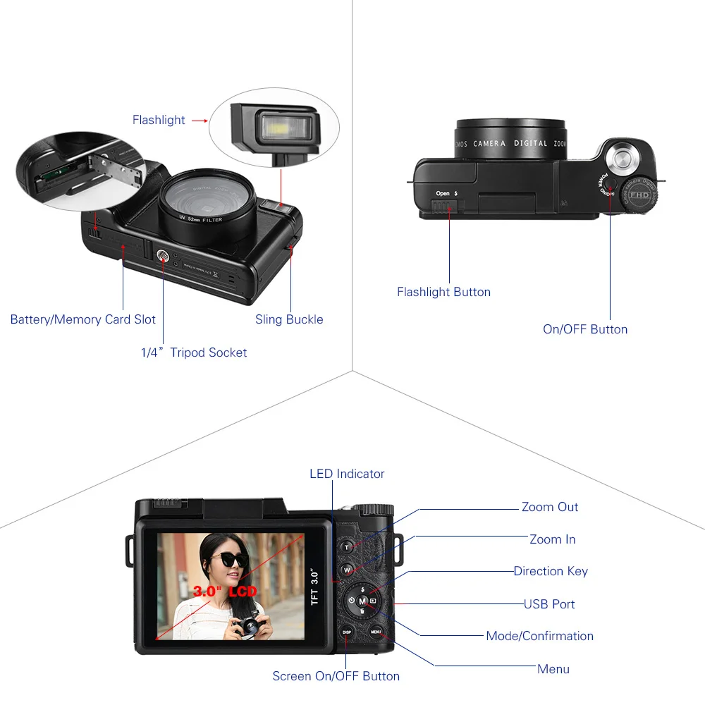 Andoer 1080P 15fps Full HD 24MP цифровая камера видеокамера анти встряхивание 4X цифровой зум