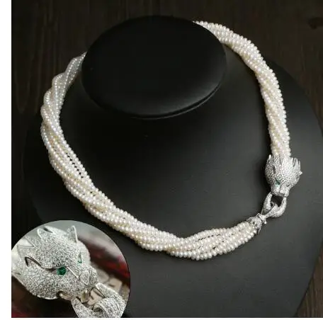 

Fine jewelry cubic zircon leopard head 4-5mm freshwater pearls multilayer choker necklace Genuine