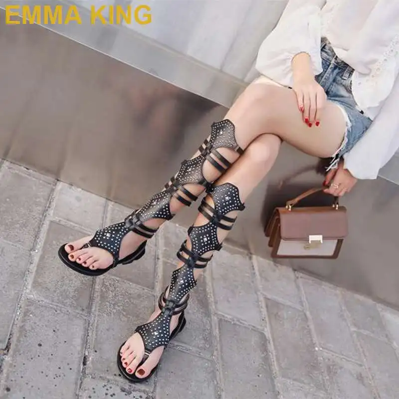 

Black Leather Rivets Studded Knee High Gladiator Sandals Boots Summer Women Flat Shoes Cut Out Ladies Shoes Rome Sandals Woman