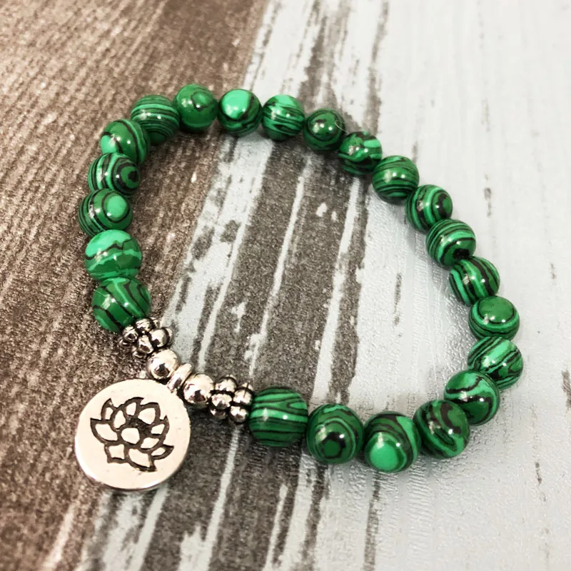 Мужской и женский браслет Mala Lotus буддийский для йоги зеленый камень малахитовый