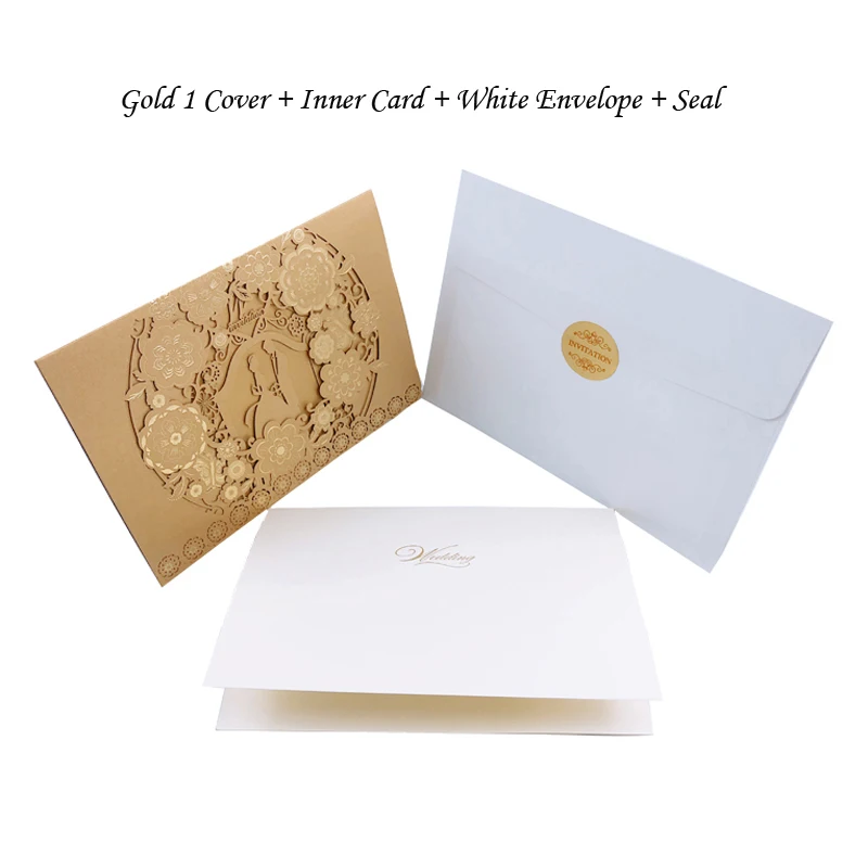 One Set Gold 1 100 шт золотые, белые, синие, красные конверты с лазерной огранкой, роскошные свадебные пригласительные открытки с цветочным рисунком, кружевные конверты с принтом, украшения для свадебной вечеринки - Цвет: One Set Gold 1