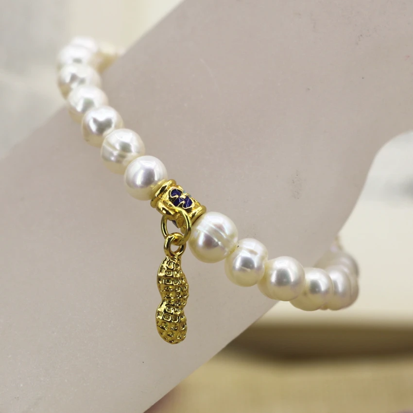 7-8 мм натуральный белый жемчуг круглые бусины браслеты Элегантный золотой цвет