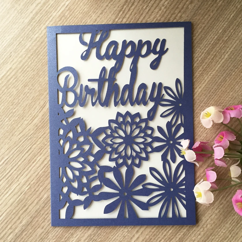 

50pcs Laser Cut Flower Glossy Shimmer Pretty Happy Birthday Greeting Blessing Party Dinner Decoration Invitations Cover Card