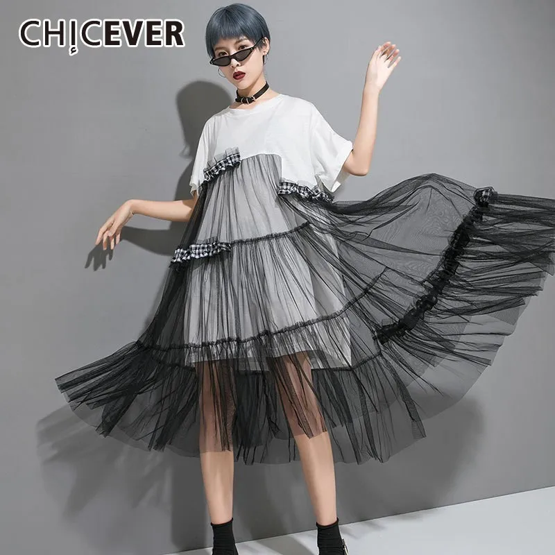 CHICEVER летнее повседневное лоскутное Сетчатое женское платье с круглым вырезом и