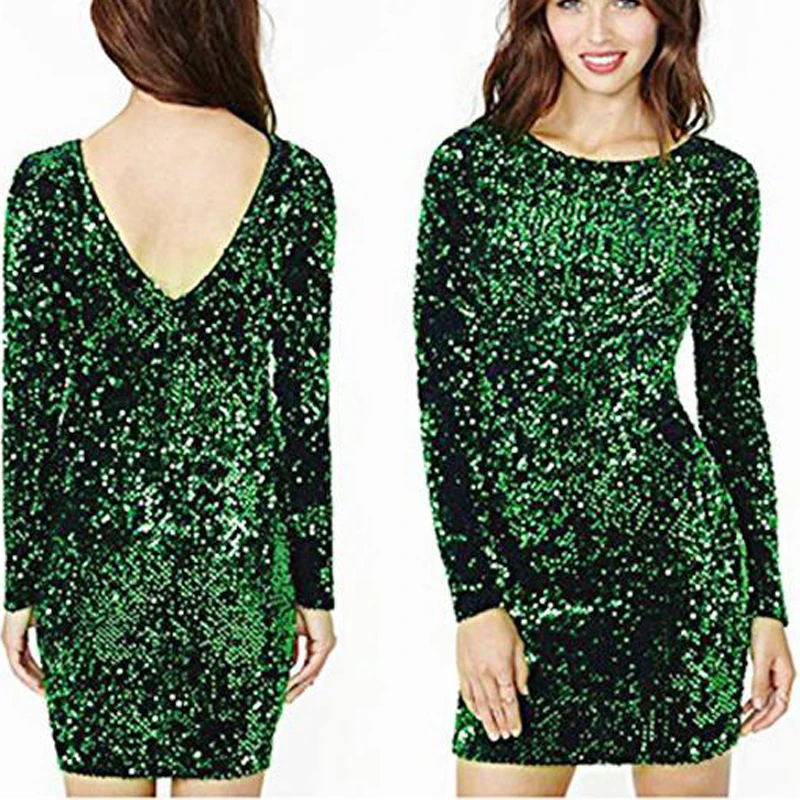 Зеленый блесток платье Для женщин 2019 Slim Fit спинки Bodycon Вечерние ночной клуб Мини