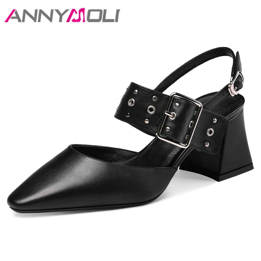 

ANNYMOLI Genuine Leather Shoes Women High Heels Buckle Pumps Pointed Toe Black Heels Ladies Shoes Summer Party Sexy Pumps Beige