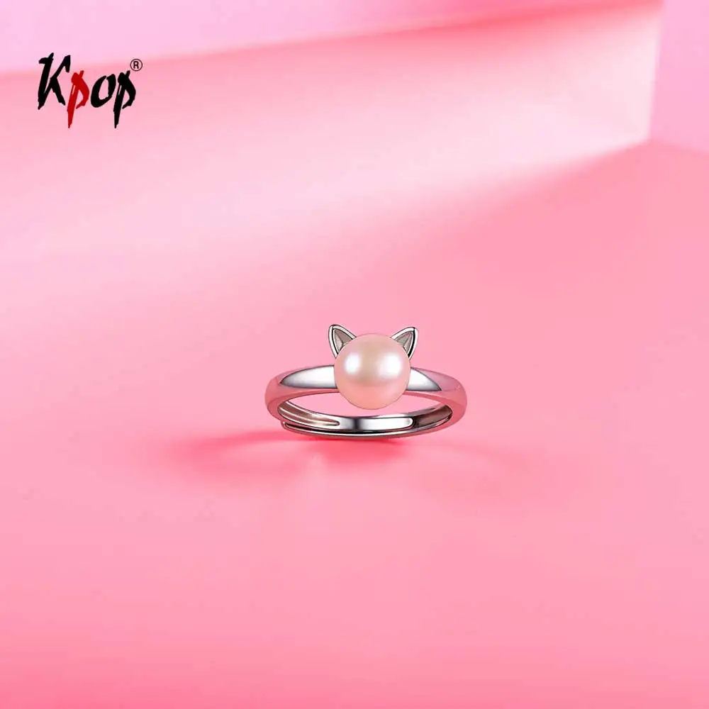 

Kpop 925 Sterling Silver Cat Kitty Ring Enagement Wedding Jewelry AdjustableTiny Dainty Ring Natural Freshwater Pearl Ring R6008