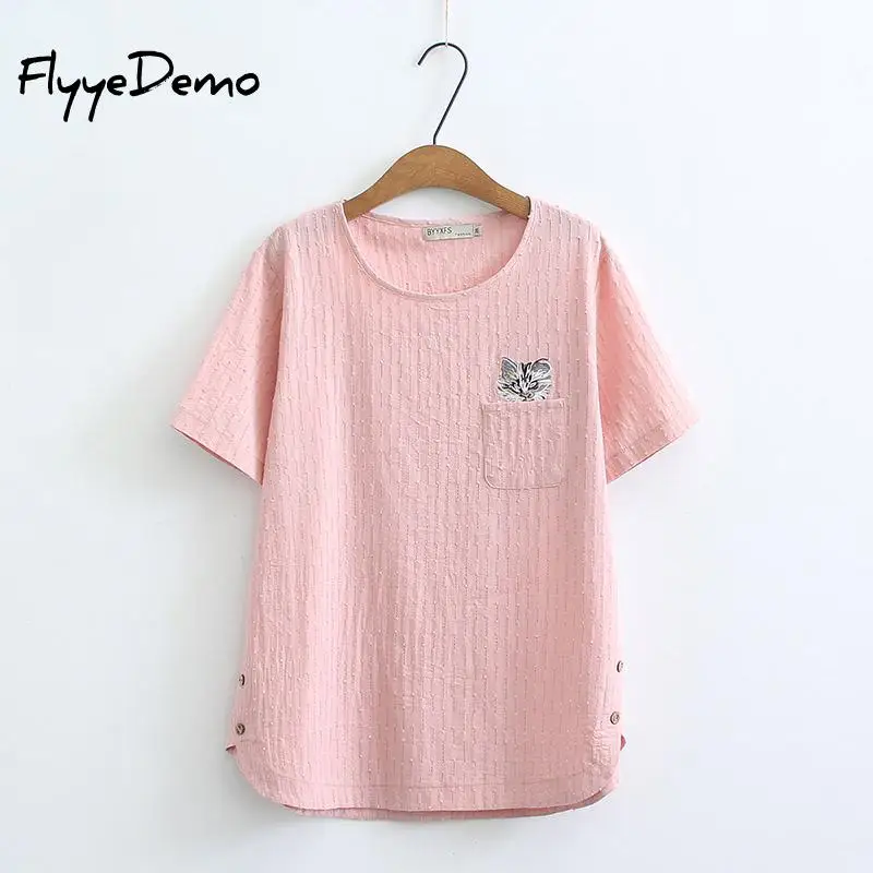 6XL размера плюс, новинка, летняя женская мода, Kawaii, вышивка, кот, топы, для девушек, для женщин, большой, короткий рукав, хлопок, лён, футболка