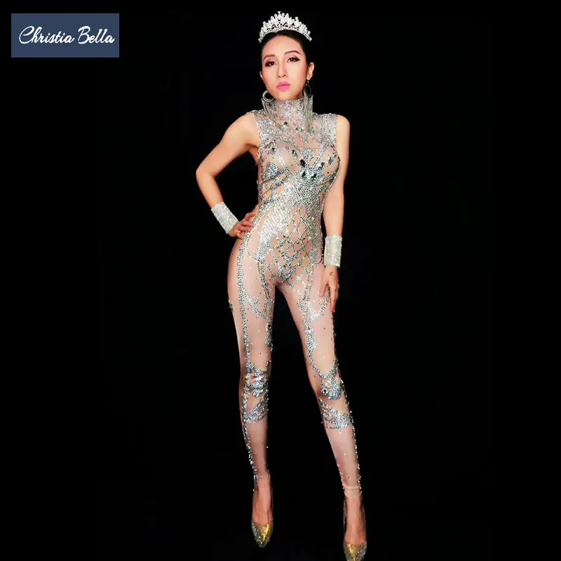 Christia Bella Luxury Rhinestones Jumpsuit Stretch Crystals Bodysuit Women Nude Sexy Leotard DJ Singer Stage Costumes Pole Dance