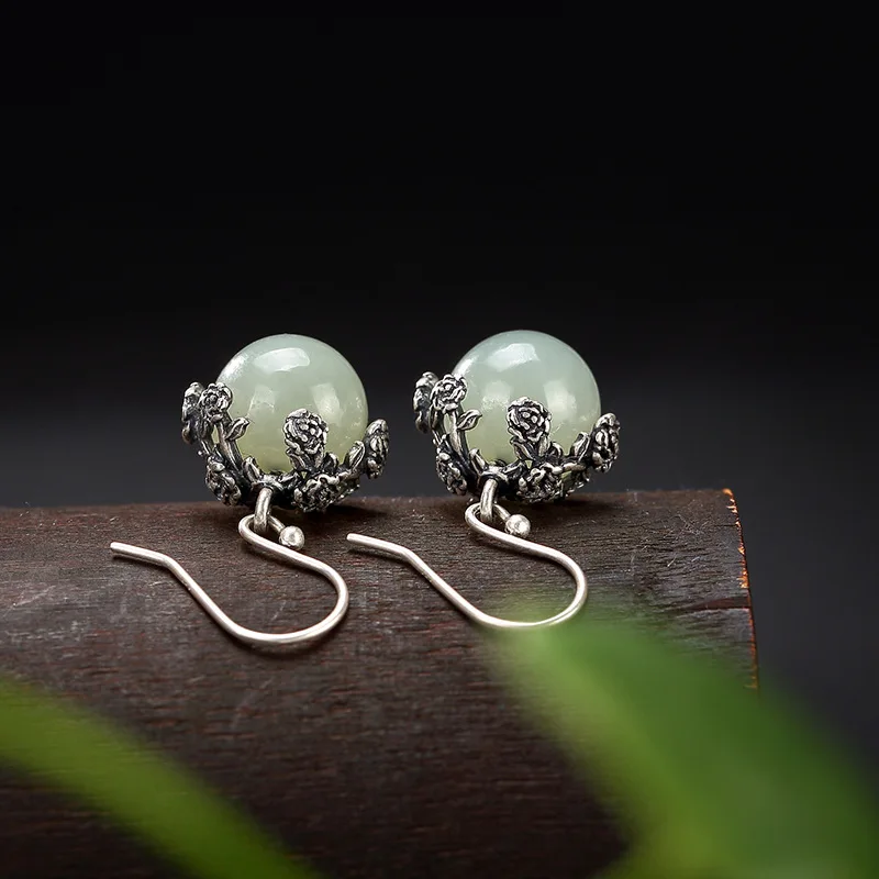 2018 Promotion Time-limited Brinco S925 Pure Antique Inlaid Natural Hetian Jade Bead Lady High-end Earrings Wholesale | Украшения и