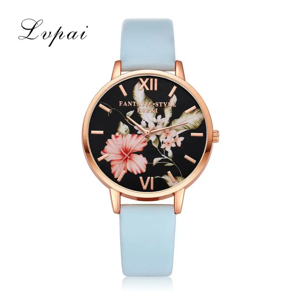 Sky Blue Lvpai Брендовые женские часы-браслет модные цветы из розового золота кожа простые ЖЕНСКИЕ НАРЯДНЫЕ часы Роскошные бизнес-часы в подарок - Цвет: Sky Blue