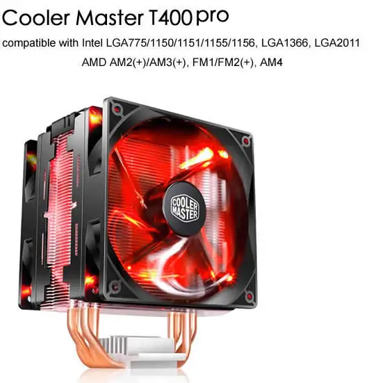 T400pro Red Cooler Master T400 T400i 12 см 4-контактный вентилятор для охлаждения процессора 4 медные тепловые трубки радиатор для процессора Intel 775 115X1366 2011 CPU AM4 - Цвет лезвия: T400pro Red
