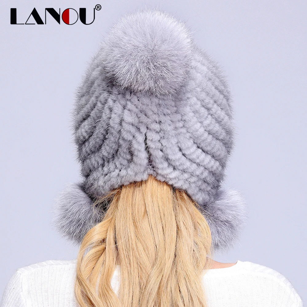 Lanou норки Шапки для Для женщин 100% реального Мех животных вязаные шапочки Кепки с
