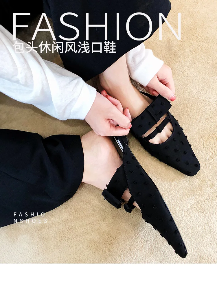 Туфли без каблуков; femme bowtied шлёпанцы женская обувь, подходит ко всему, в горошек от известного бренда, тапочки; женская обувь с закрытым носком; тонкие шлепанцы без задника с открытыми пальцами; лоферы