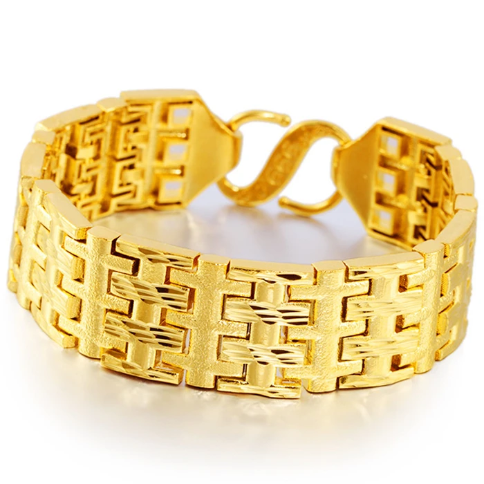 

Heavy 50g Band Type Mens Bracelets Yellow Gold Filled Hip Hop Thick Bracelet Geometry Pattern Design