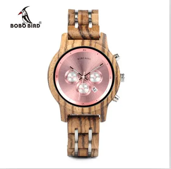 BOBO BIRD женские часы relogio feminino деревянные женские кварцевый секундомер наручные часы подарок для подруги в коробке saat erkek часы - Цвет: Pink