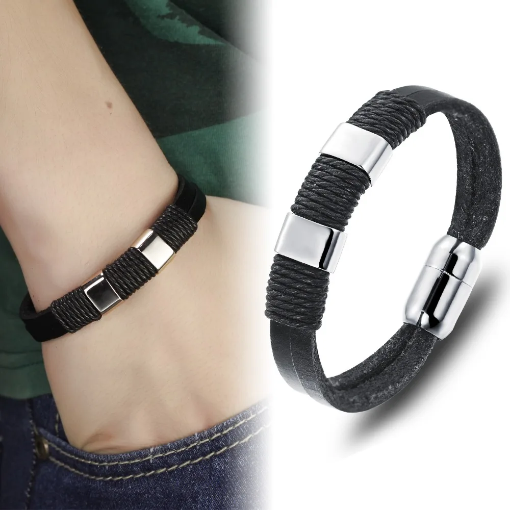 Панк Натуральная Кожа Браслет Обруча Мужчины Двойной Канат Цепи Ручной Работы с