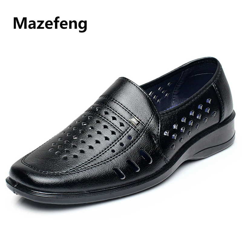Mazefeng модные летние кожаные туфли мужские однотонные с вырезами официальные
