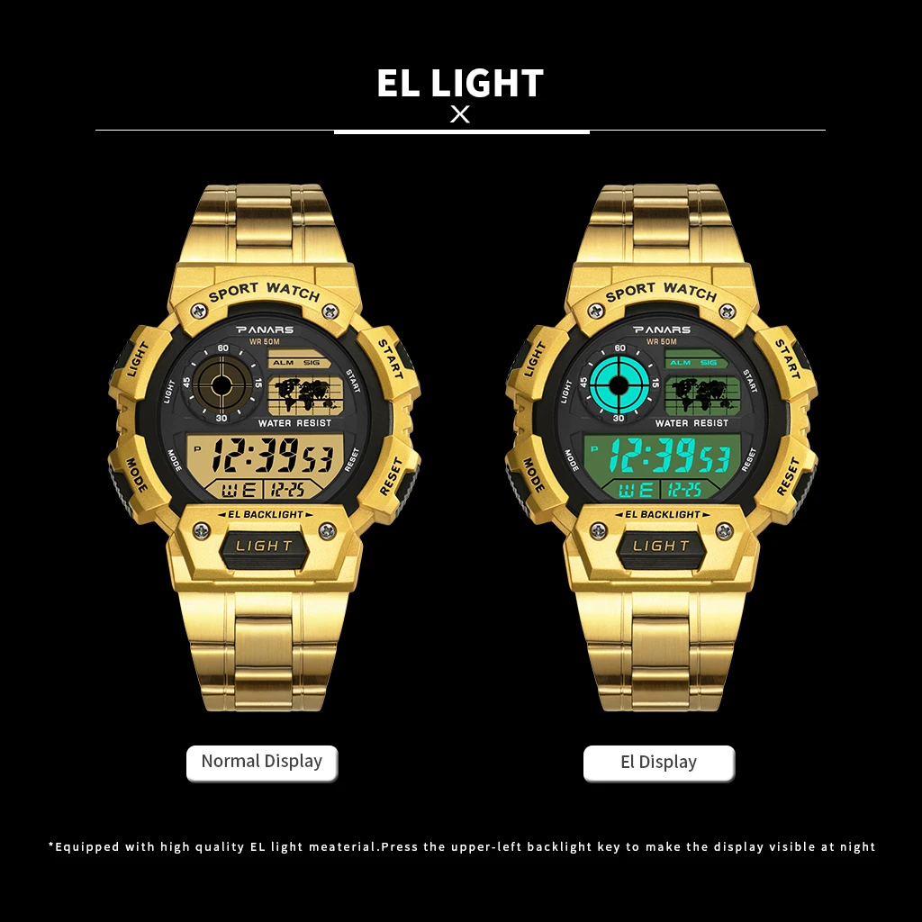 PANARS модные золотые мужские спортивные цифровые часы LED дисплей светящиеся 50 бар