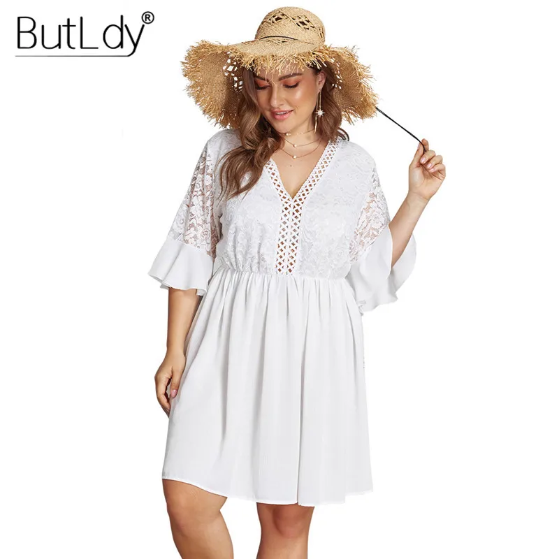 Женское кружевное платье с вышивкой и V образным вырезом белое повседневное