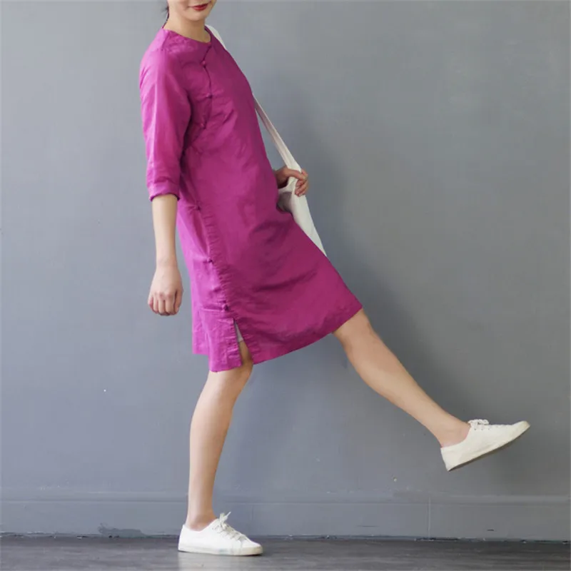 SCUWLINEN, vestidos, летнее платье, винтажное, однотонное, три четверти, ручная работа, на кнопках, платье из рами, короткое, повседневное, платье S304