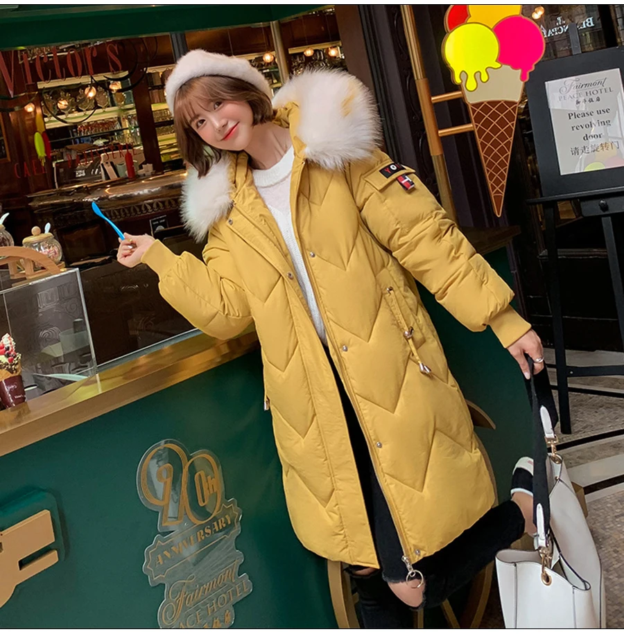 Женское пальто негабаритных Harajuku Parkas длинные пуховые теплые куртки с хлопковой подкладкой зимняя одежда длинный рукав с карманом пушистые парки