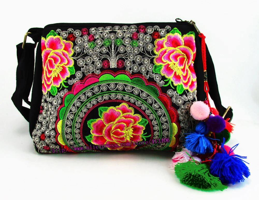 Two-use Vintage Hmong Tribal Ethnic Thai Indian Boho shoulder messenger purse bag embroidery tote pom trim SYS-357 | Багаж и сумки