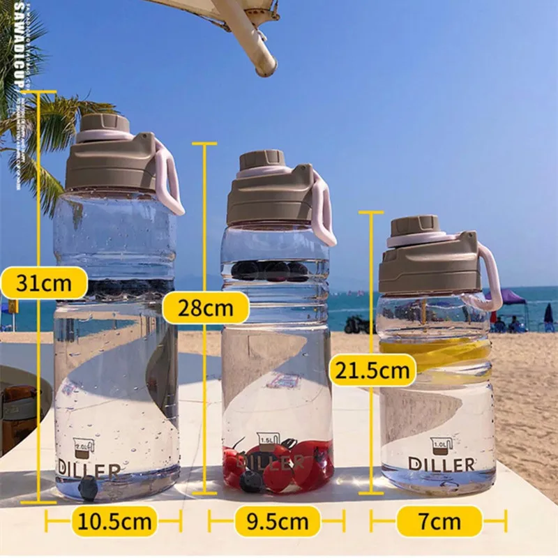 Пластиковая бутылка для воды большого объема 1000/1500/2000 мл прозрачные летние