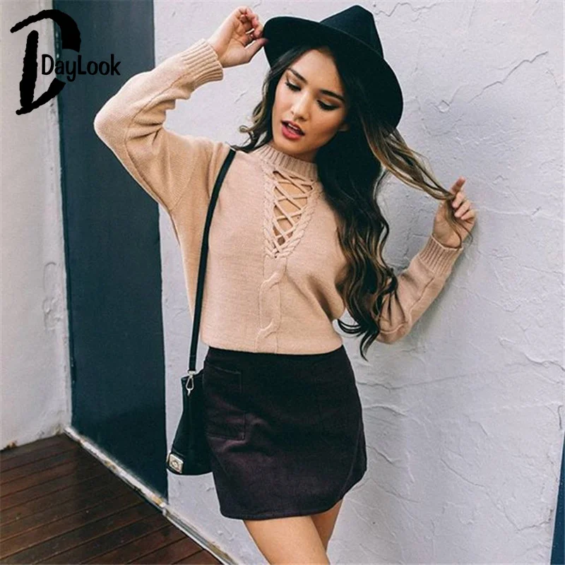 Daylook Осень черный и хаки Повседневное Для женщин свитер Кружево пикантные осень