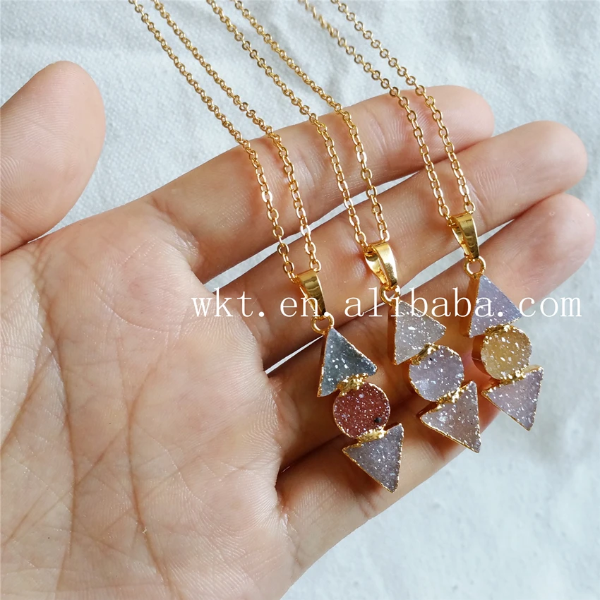 

WT-N634 Wholesale lovely triple druzy stone necklace gold color stone necklace for women