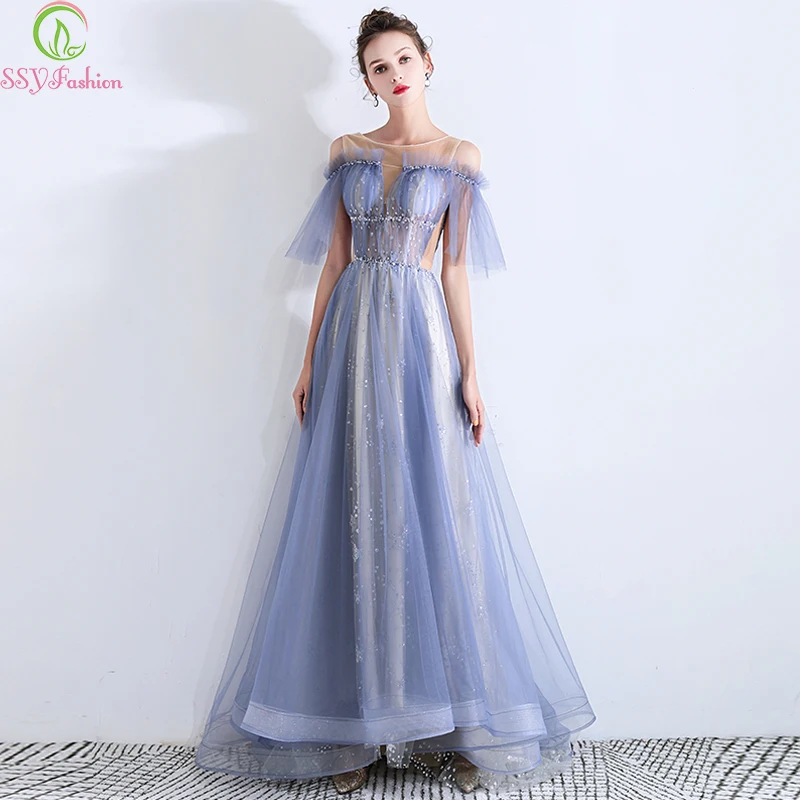 

Женское банкетное вечернее платье SSYFashion, серое, синее платье до пола из тюля, украшенное бисером, для вечерние