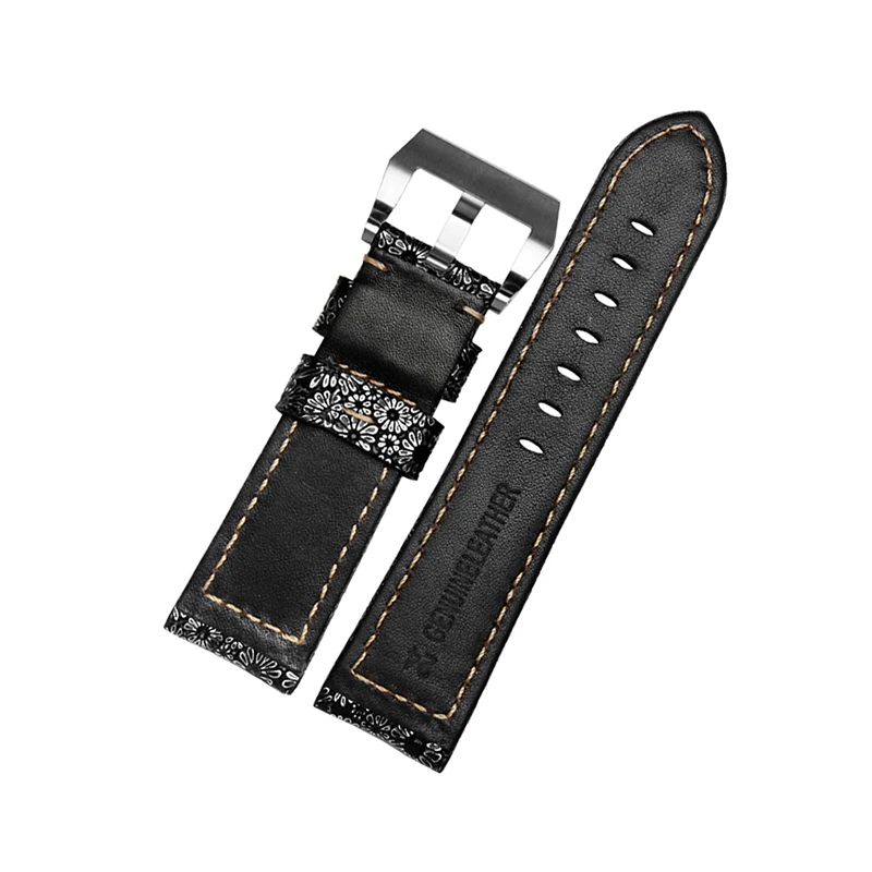 For PAM441 448 312 wristband  high quality Cowhide Genuine Leather Watch Band retro flower grain Thick Soft Watchband 22 24 26mm