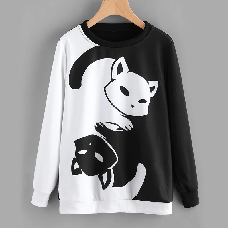 Women Hoodies Sweatshirts Casual Printing Cat Pullover Women's Clothes Long Sleeve Round Neck Tops Female | Женская одежда