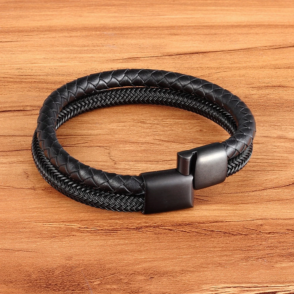 Фото XQNI Classic Style Leather With Stainless Steel Stitching Combination Men's Bracelet Black/Steel Buckle Party Accessories Gift №2