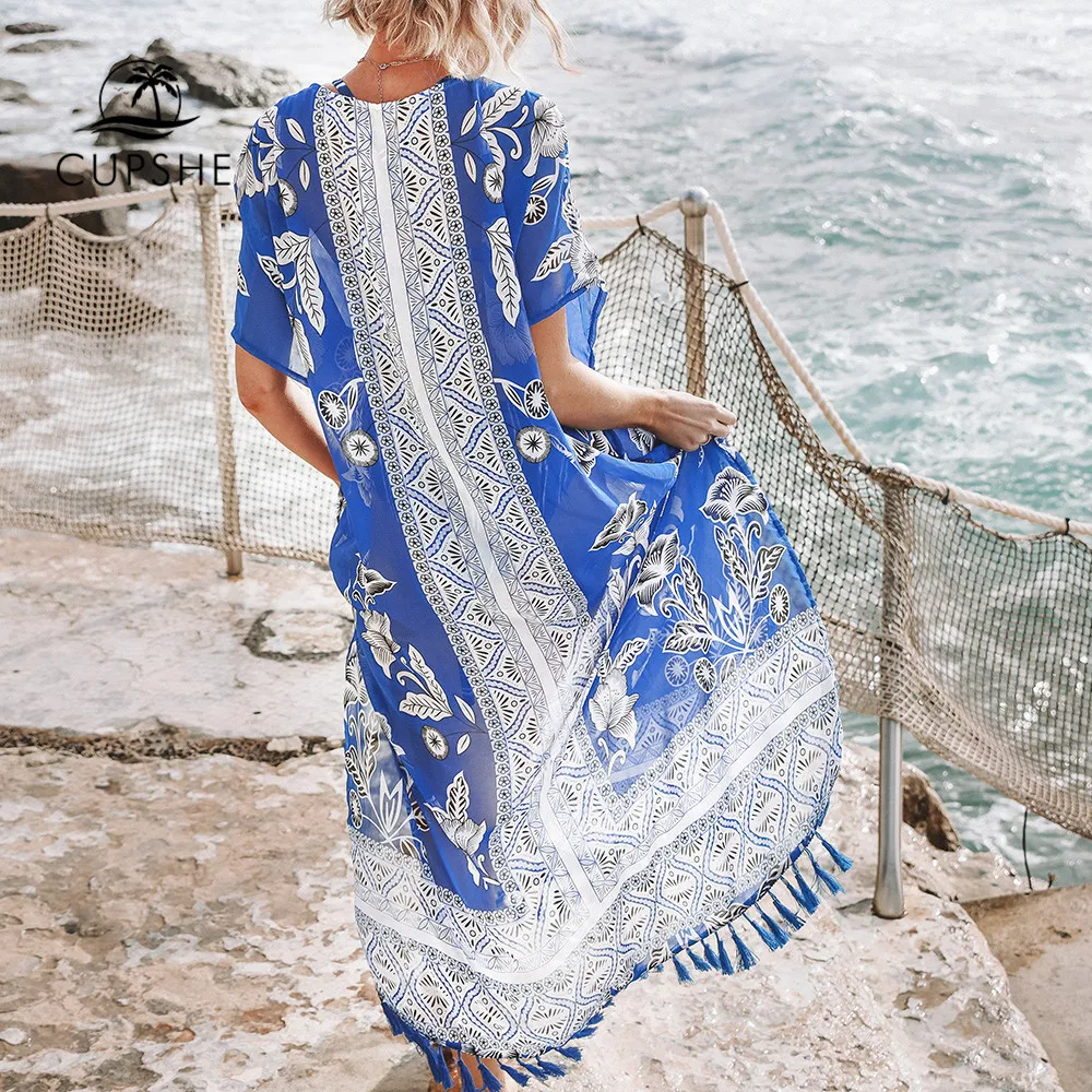 CUPSHE/синее и белое бикини с цветочным принтом закрывающее сексуальное длинное