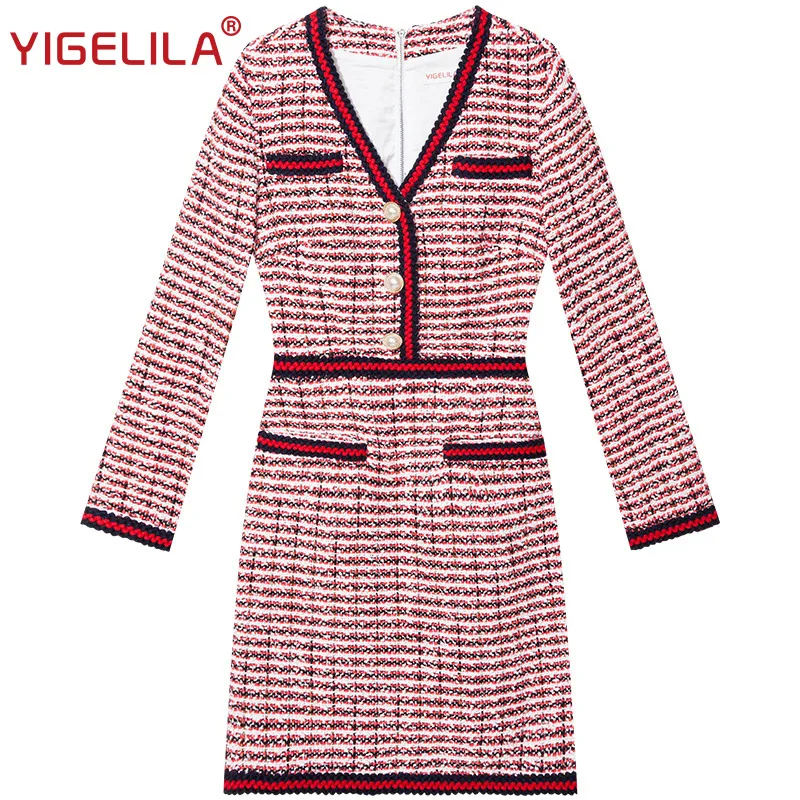 YIGELILA модное женское осеннее платье с V образным вырезом длинным рукавом