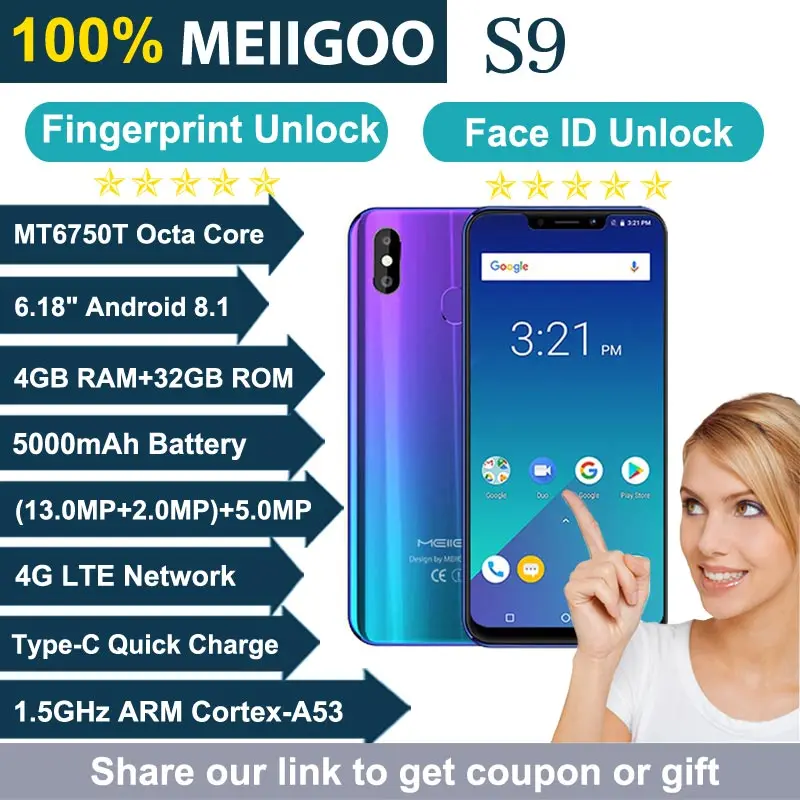 MEIIGOO S9 6 18 &quot19:9 Notch экран мобильного телефона Android 8 1 5000 mAh MTK6750T Octa Core 4 GB + 32 13MP 4G LTE