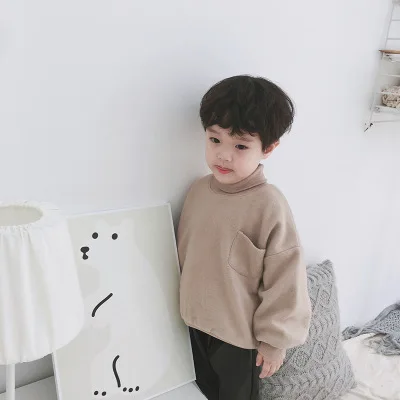 Fall Winter Children Korean Thicken Velvet Solid Hoodies for Boys and Girls Kids Baby Turtleneck Cotton Long Sleeve T Shirt Tops | Детская