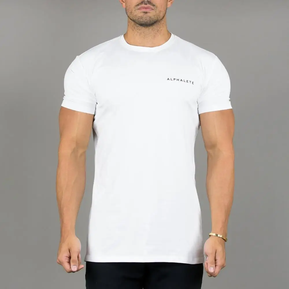 white ALPHALETE новая брендовая мужская футболка для бодибилдинга, Спортивная повседневная футболка с коротким рукавом и круглым вырезом, хлопковая Футболка с буквенным принтом для фитнеса, мужские футболки - Цвет: white