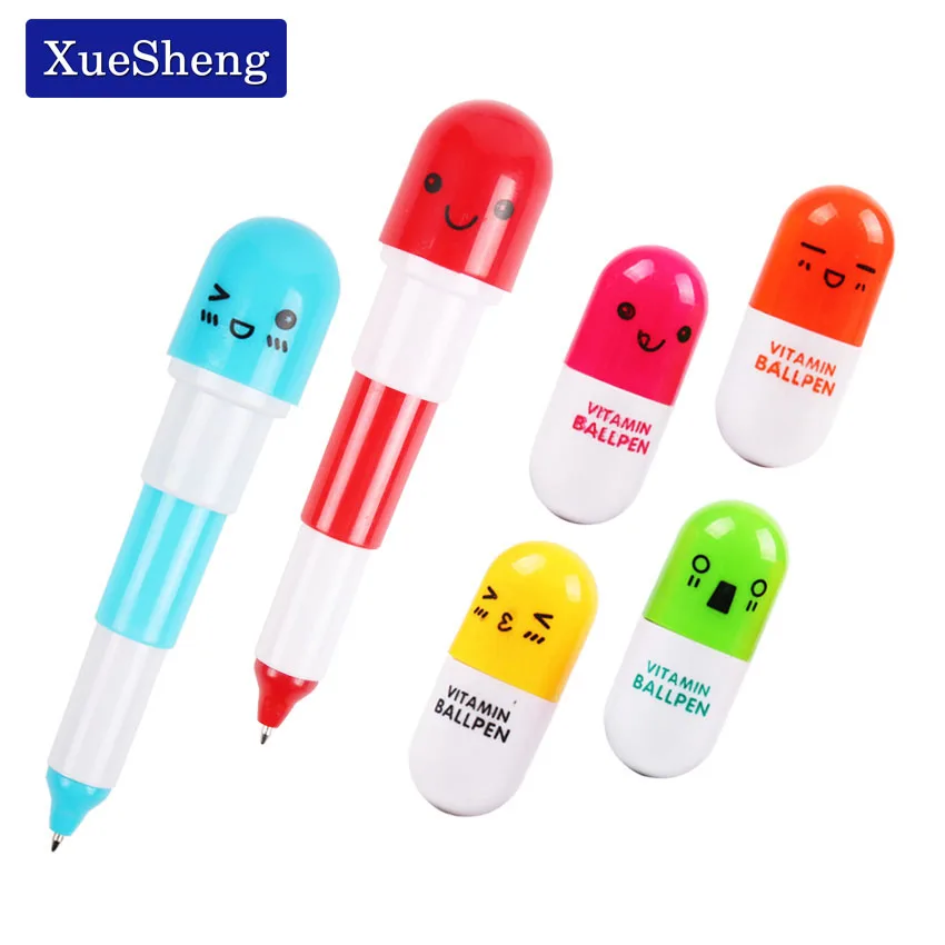 

12PCS Cute Smiling Face Pill Ball Point Pen Pencils Telescopic Vitamin Capsule Ballpen for School Office Supplies