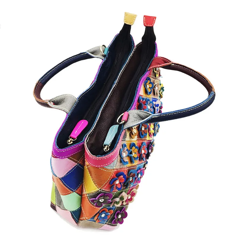 

Women Genuine Leather handbags Casual Cowhide Splice Fower Shoulder Bags Female Messenger Bags ladies Tote Bag Shopping Bags