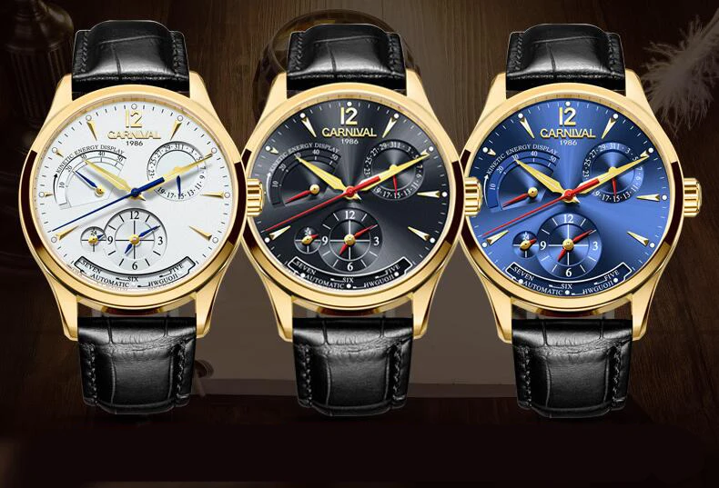 Карнавал Dual time displa спортивные автоматические механические часы для мужчин сапфировый кожаный ремешок люксовый бренд мужские часы relogio saat